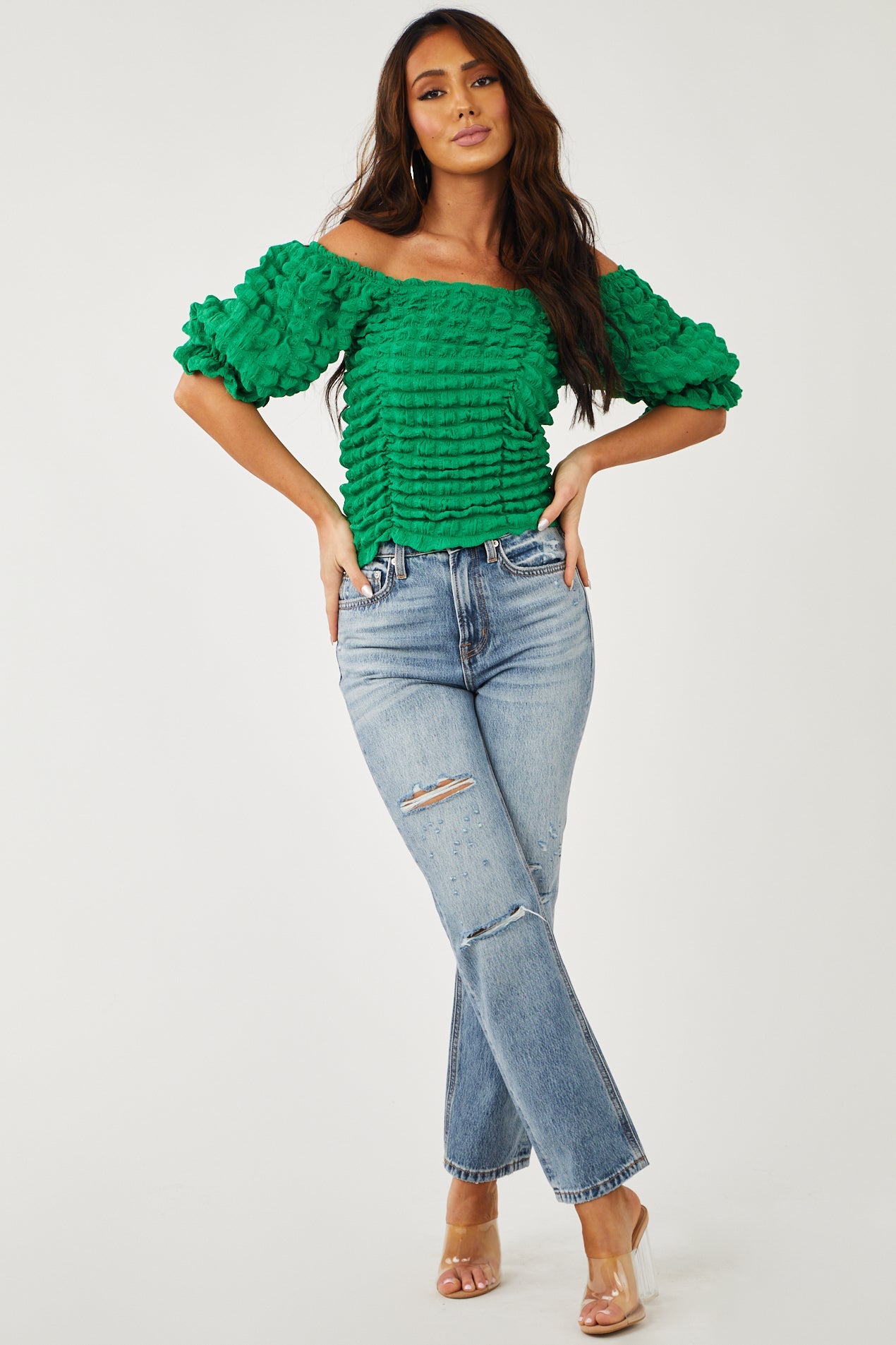 Jade Green Square Neck Puffy Textured Blouse