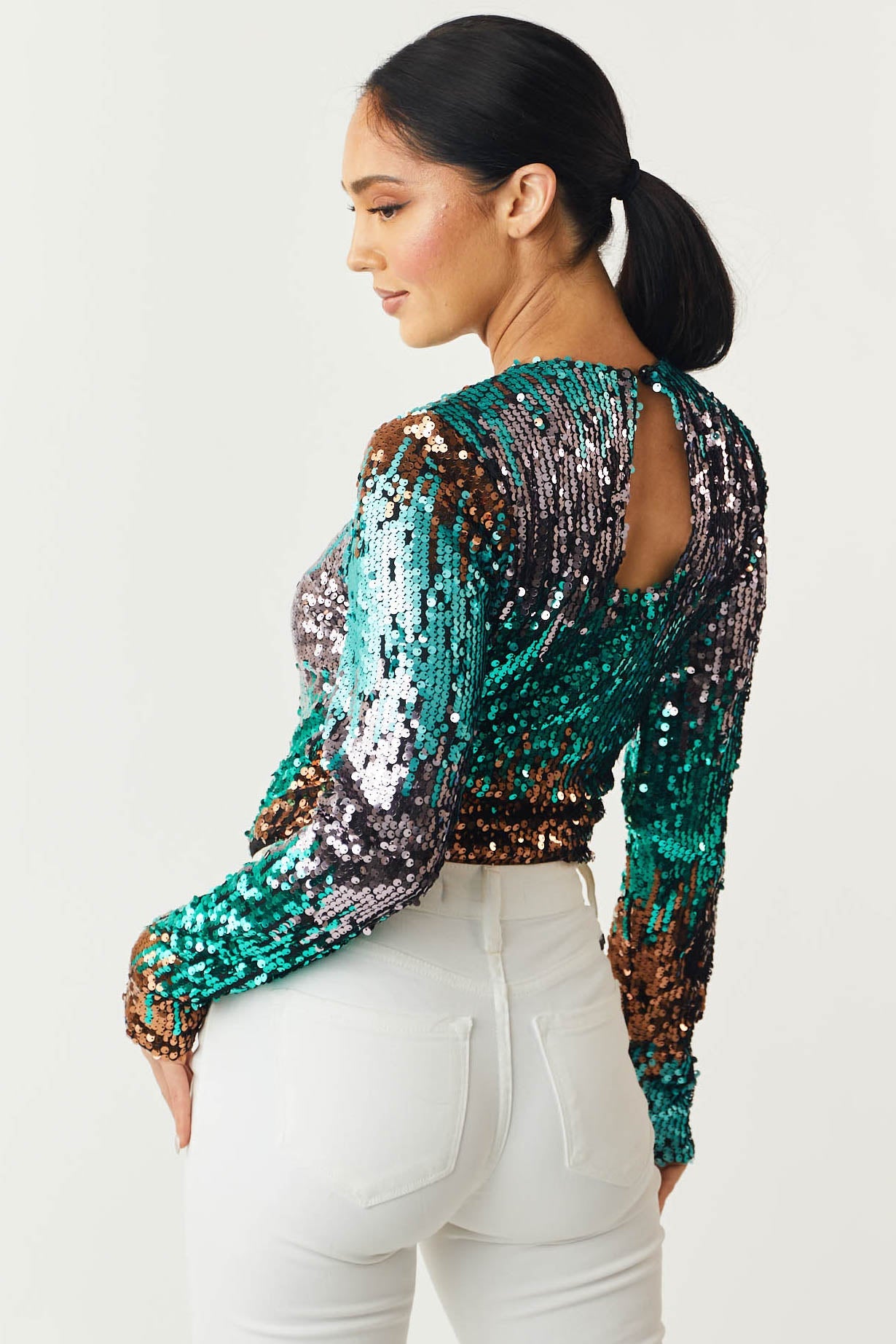 Jade Multicolor Long Sleeve Sequins Bodysuit