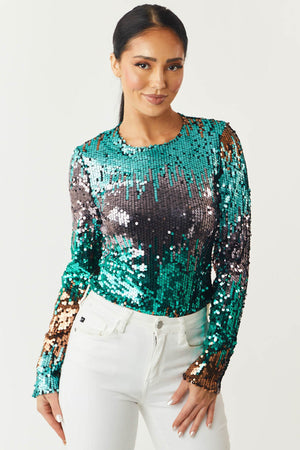 Jade Multicolor Long Sleeve Sequins Bodysuit