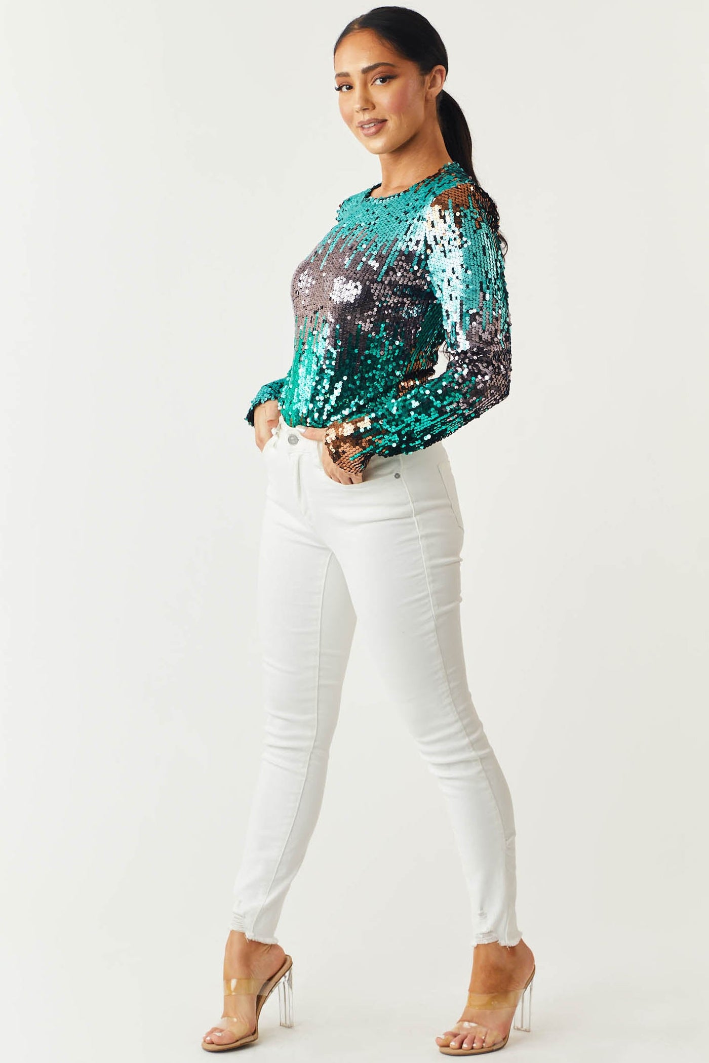 Jade Multicolor Long Sleeve Sequins Bodysuit