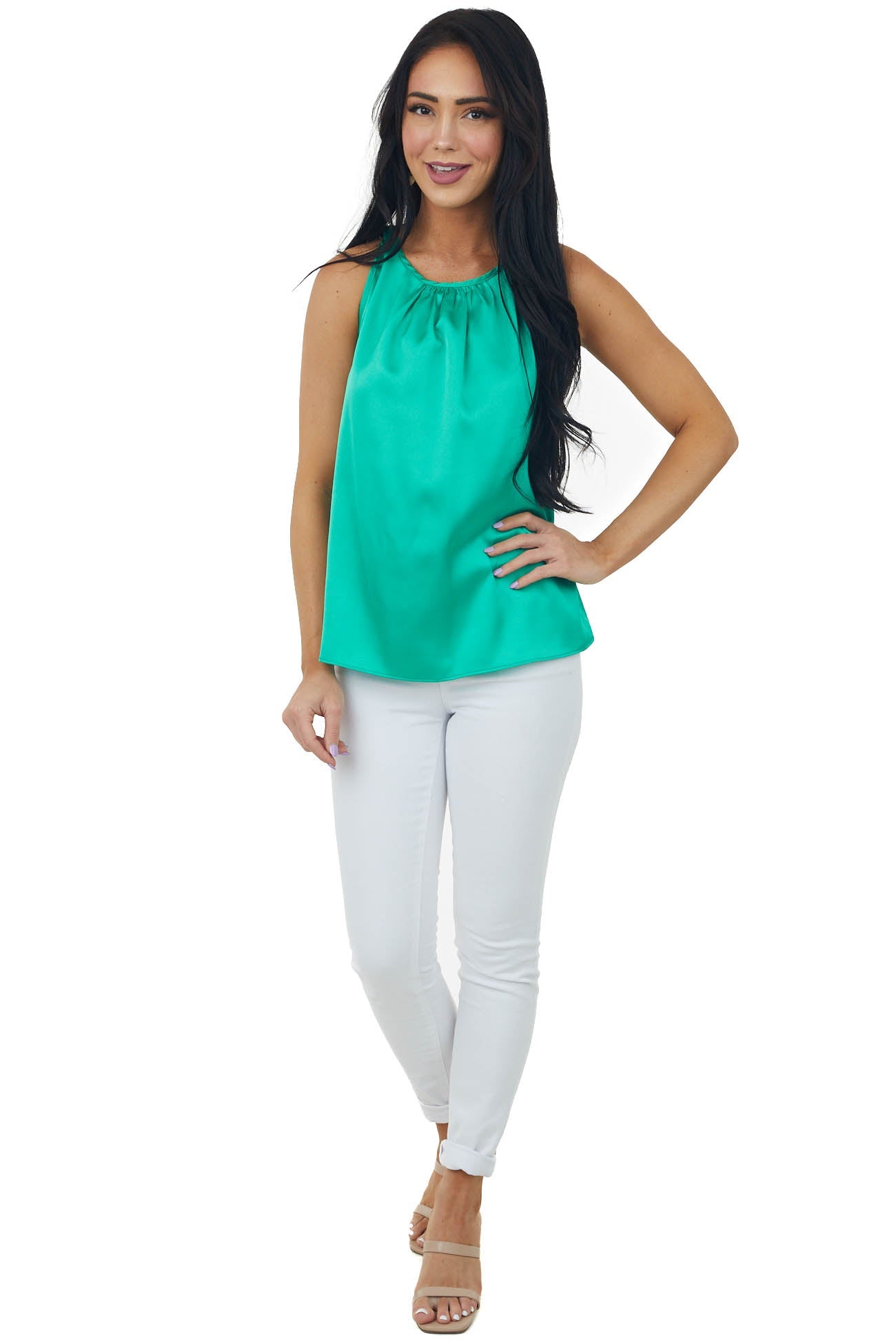 Jade Open Cowl Back Sleeveless Satin Blouse