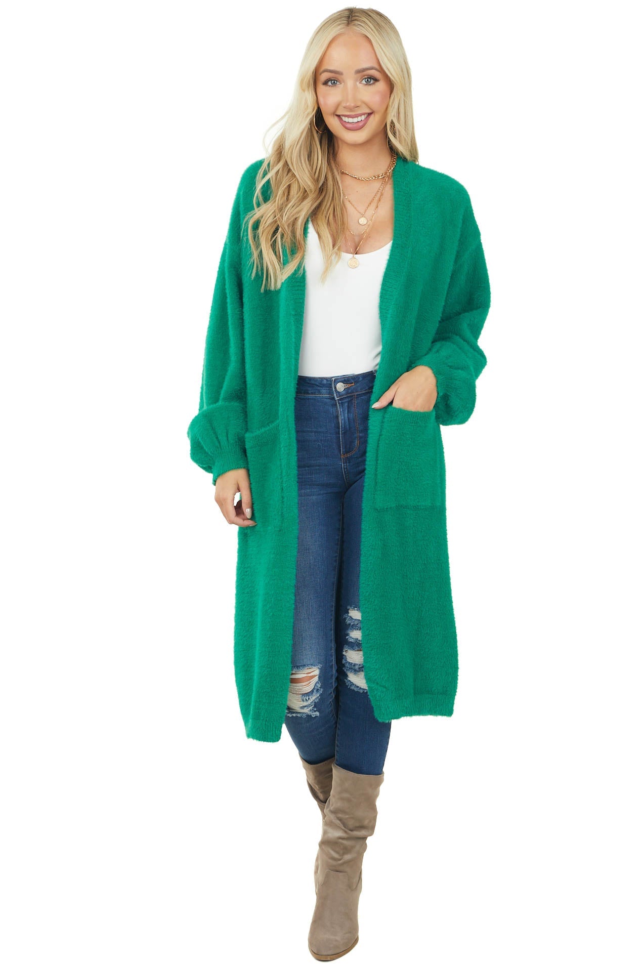 Jade Open Front Fuzzy Knit Duster Cardigan