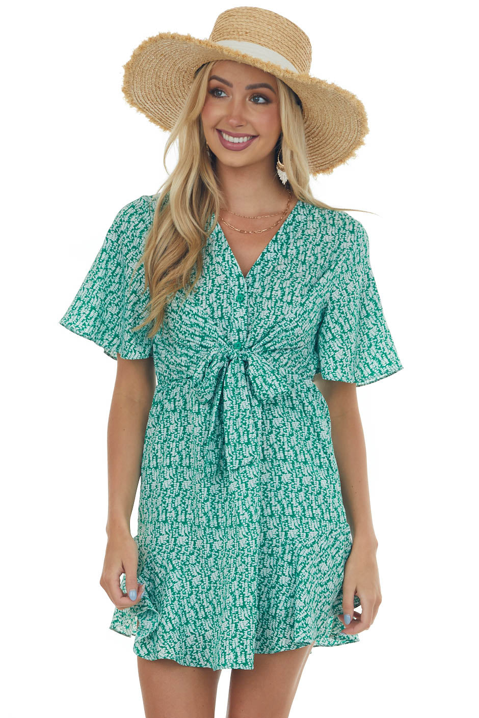 Jade Printed Flutter Sleeve Button Dress