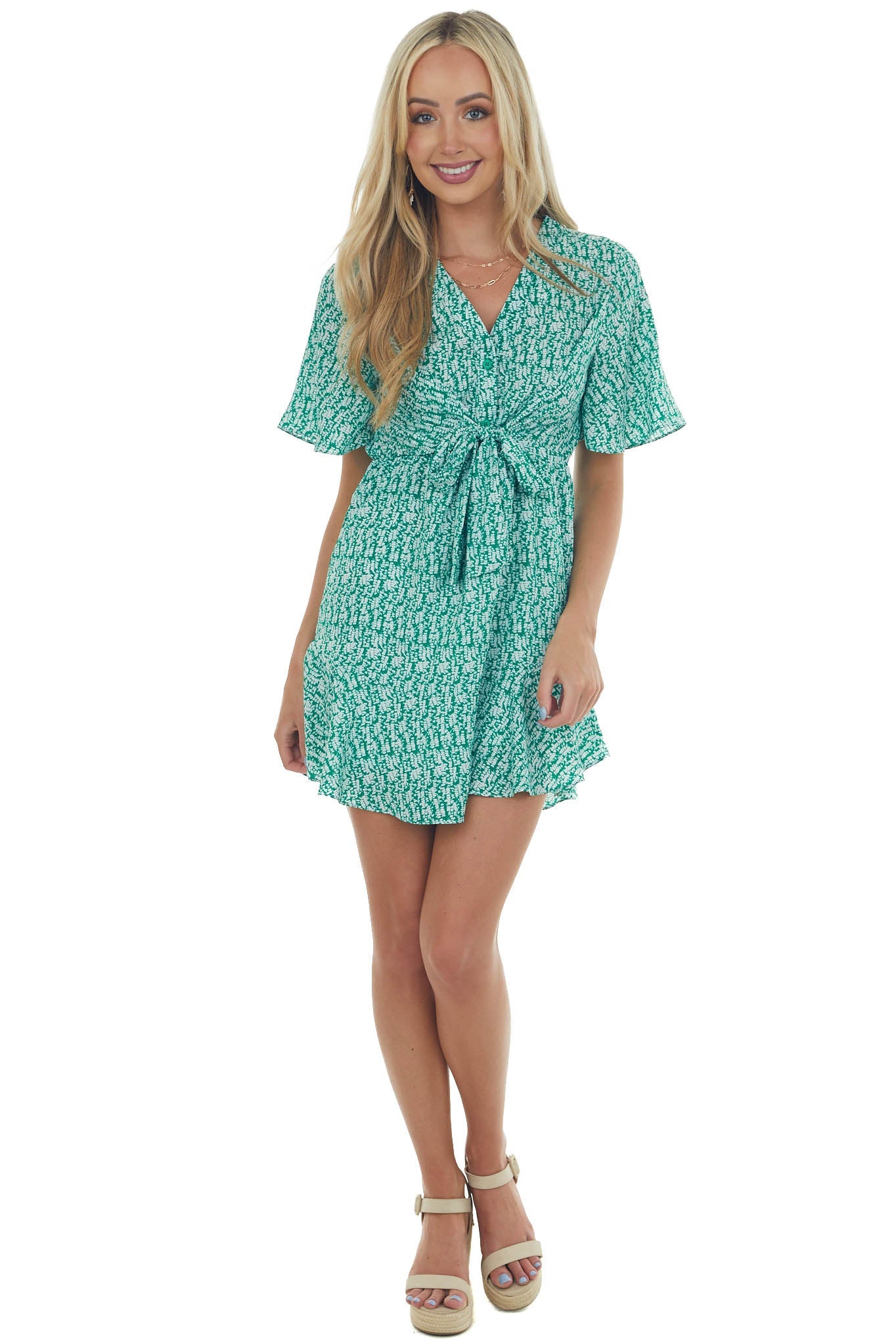 Jade Printed Flutter Sleeve Button Dress
