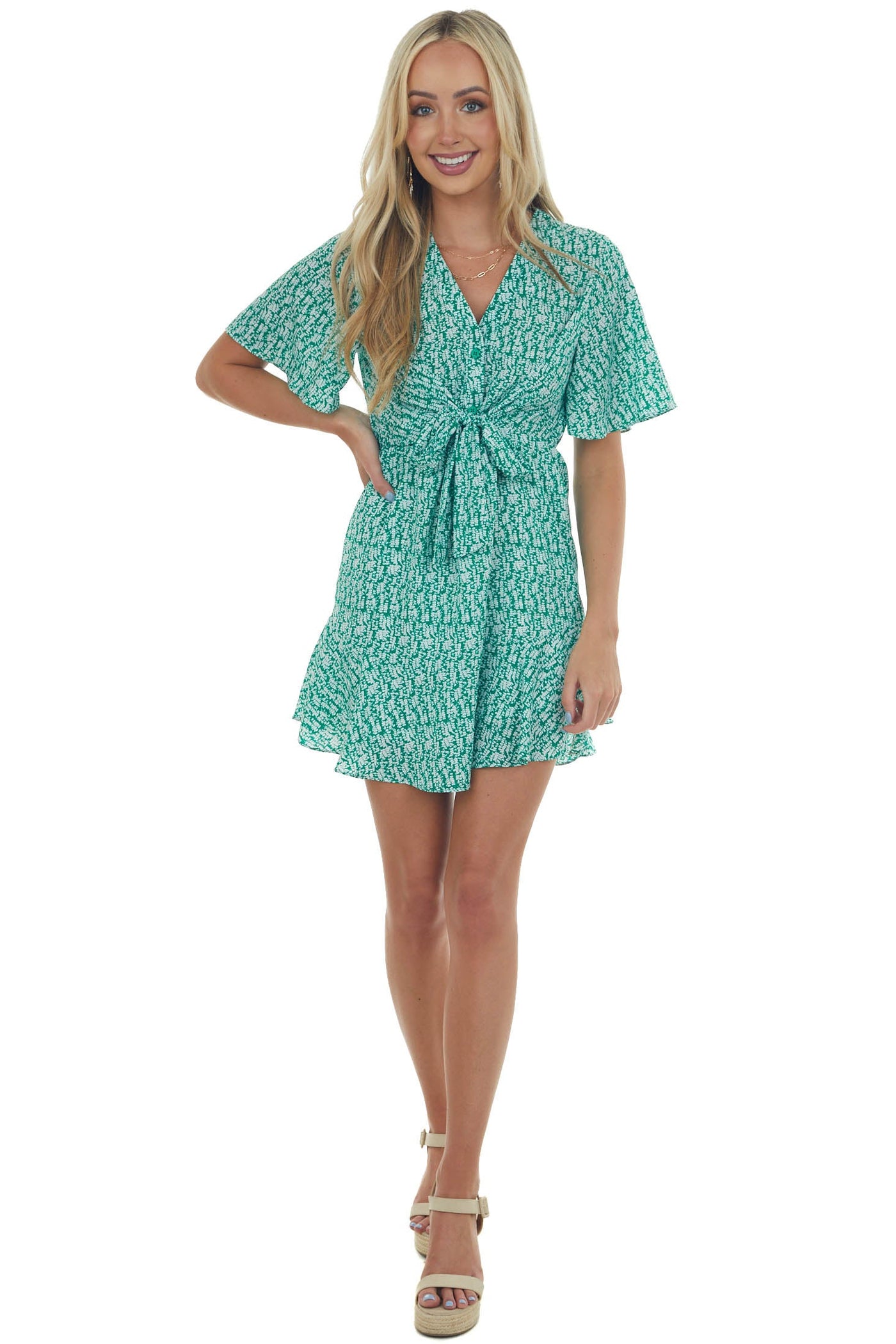 Jade Printed Flutter Sleeve Button Dress