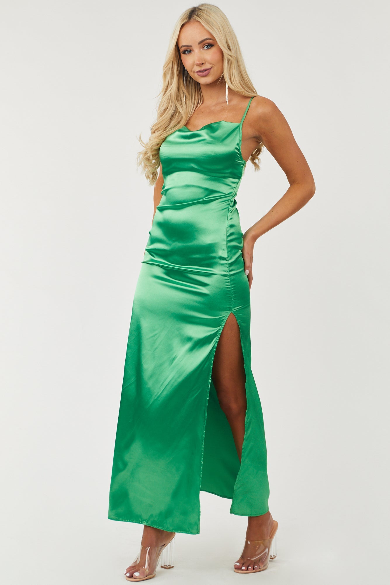 Jade Satin Cowl Neckline Sleeveless Maxi Dress
