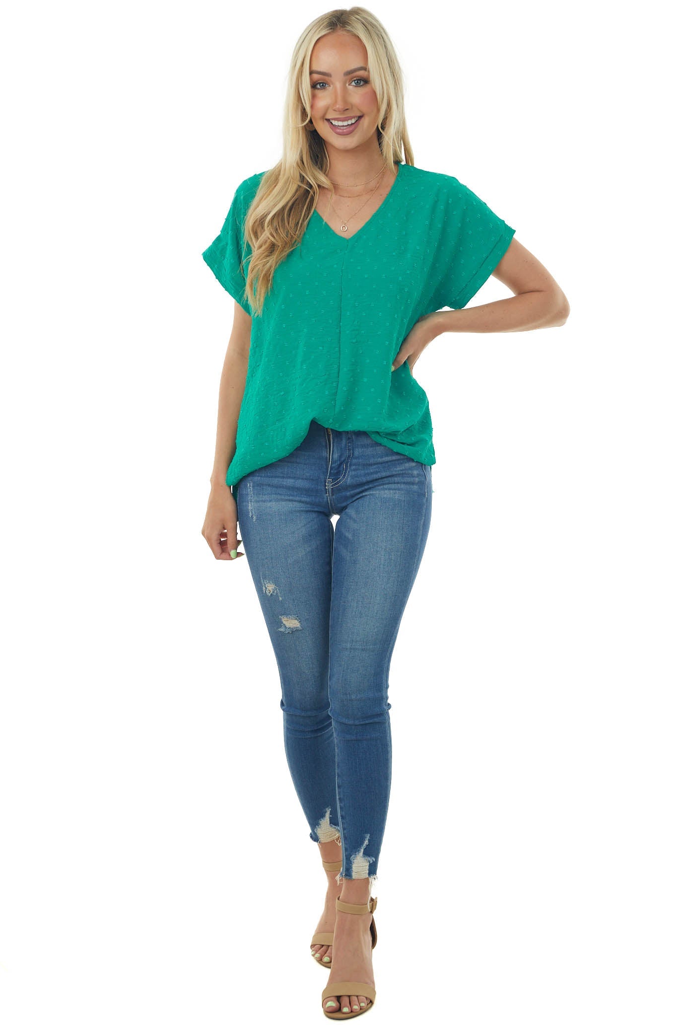 Jade Swiss Dot Short Sleeve V Neck Top