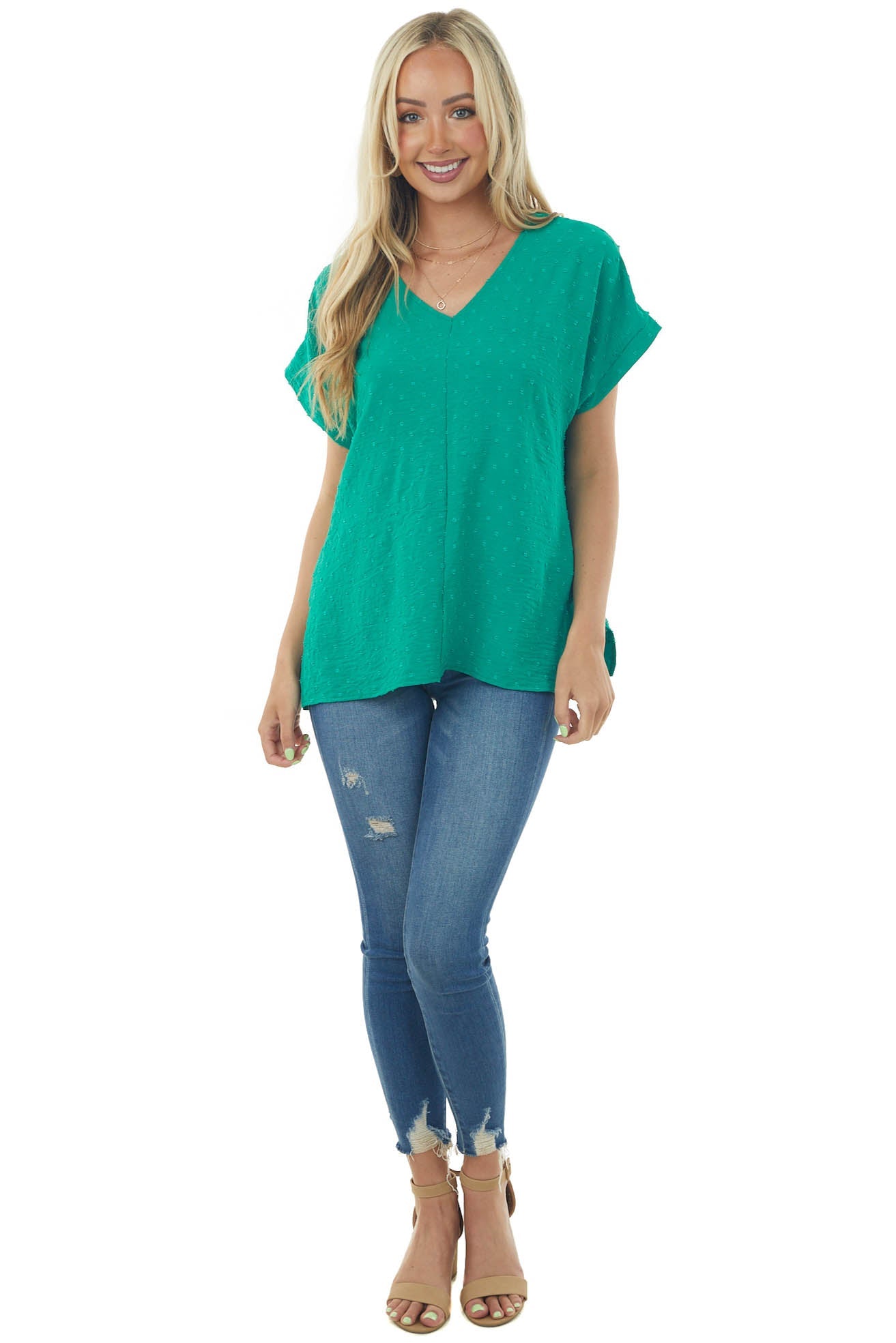Jade Swiss Dot Short Sleeve V Neck Top