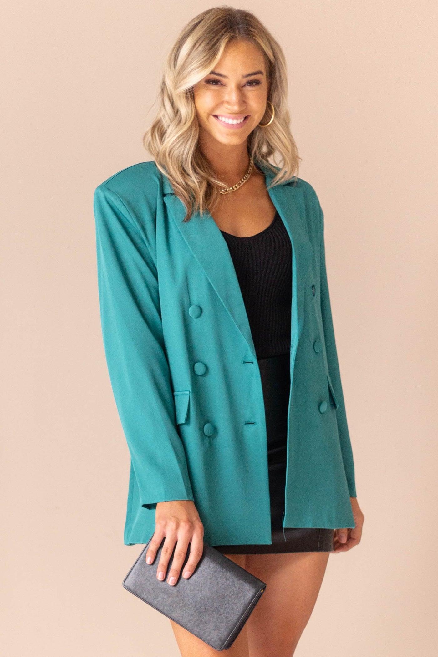Jungle Green Double Button Shoulder Pad Blazer