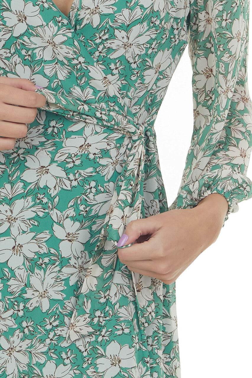 Jungle Green Floral Wrap Style Mini Dress 