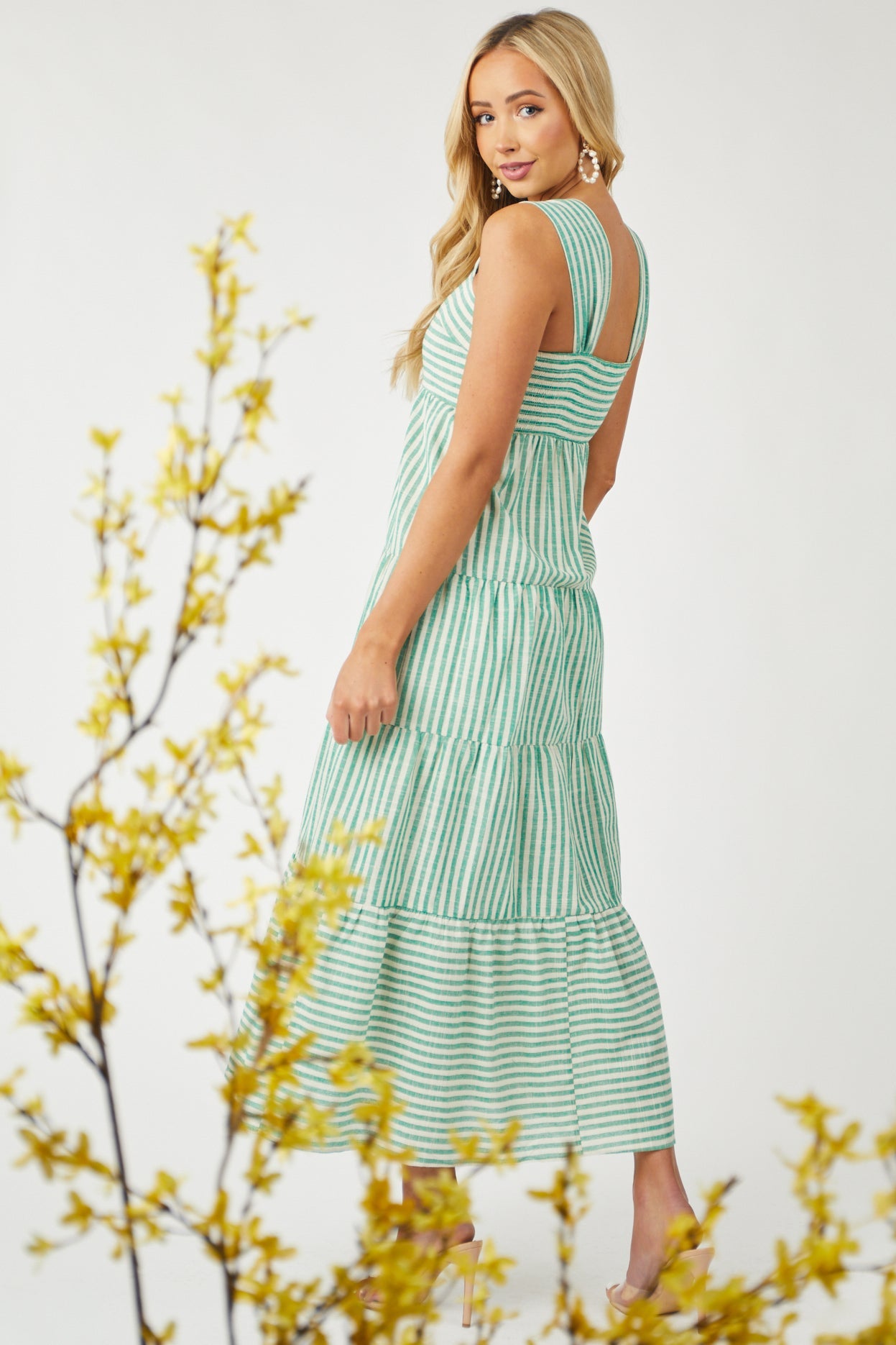 Jungle Green Striped Tiered Woven Maxi Dress