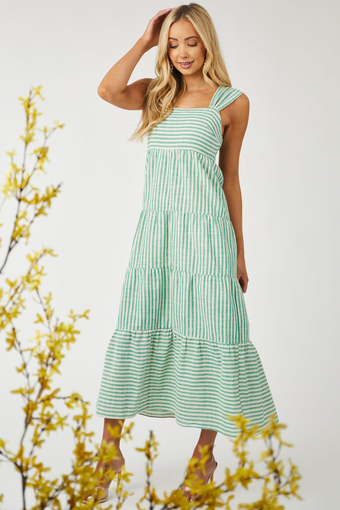 Jungle Green Striped Tiered Woven Maxi Dress