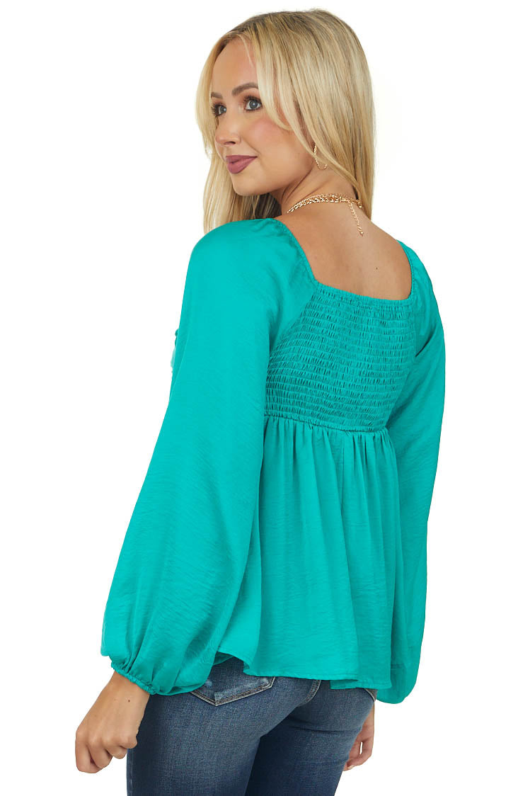 Jungle Green Tie Front Babydoll Satin Blouse