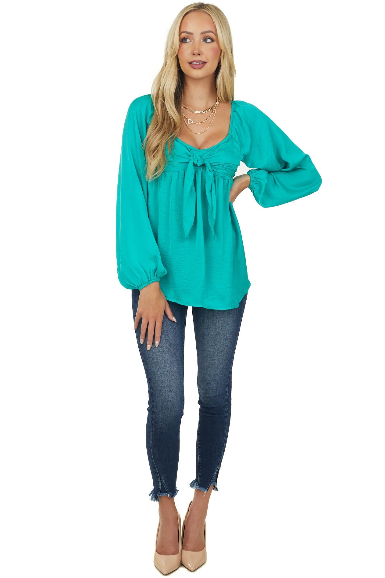 Jungle Green Tie Front Babydoll Satin Blouse