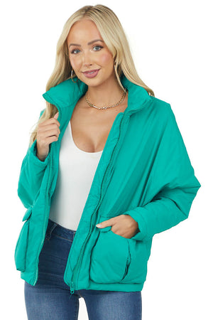 Jungle Green Zip Up Lightweight Puffer Jacket