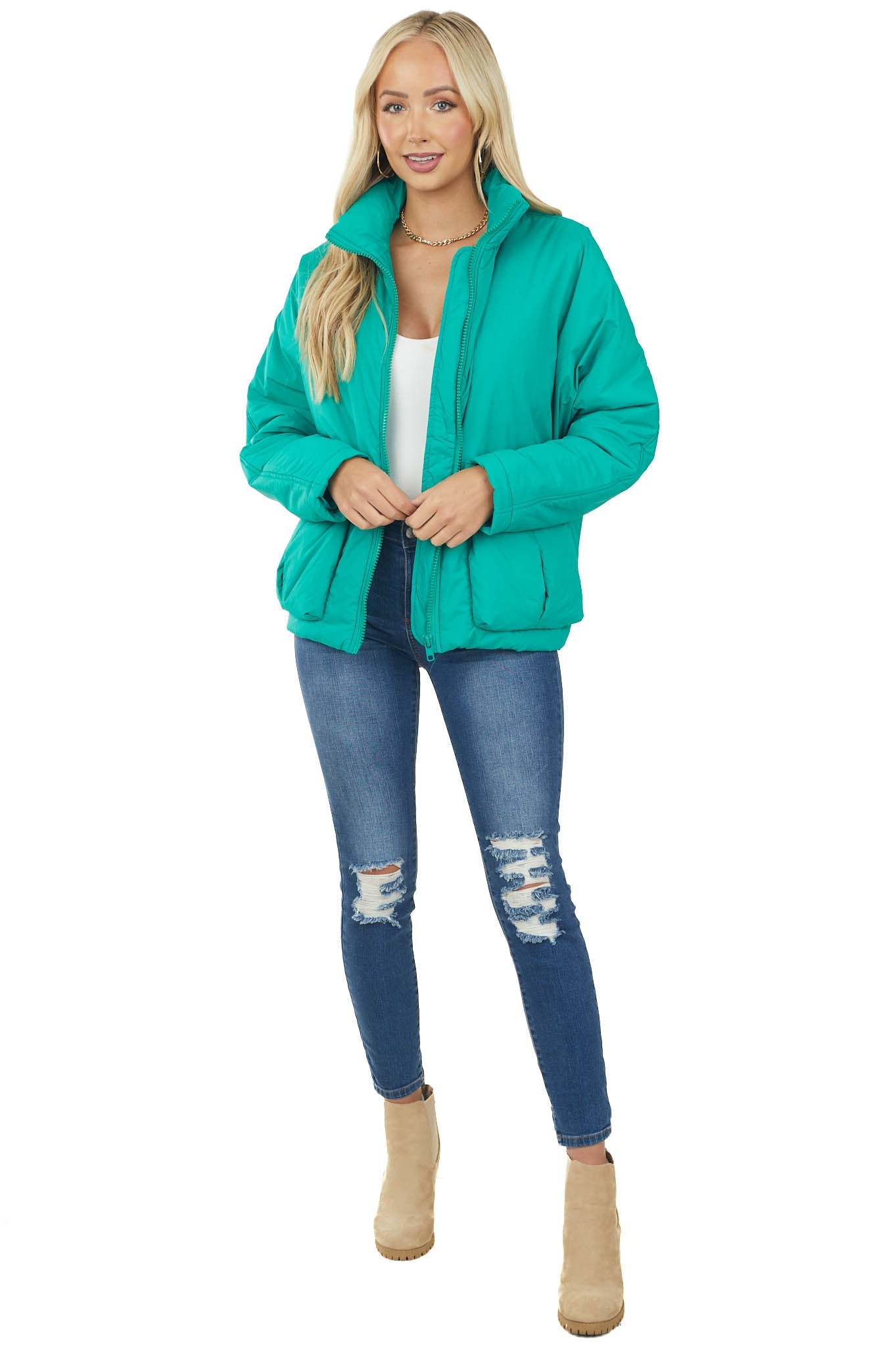Jungle Green Zip Up Lightweight Puffer Jacket
