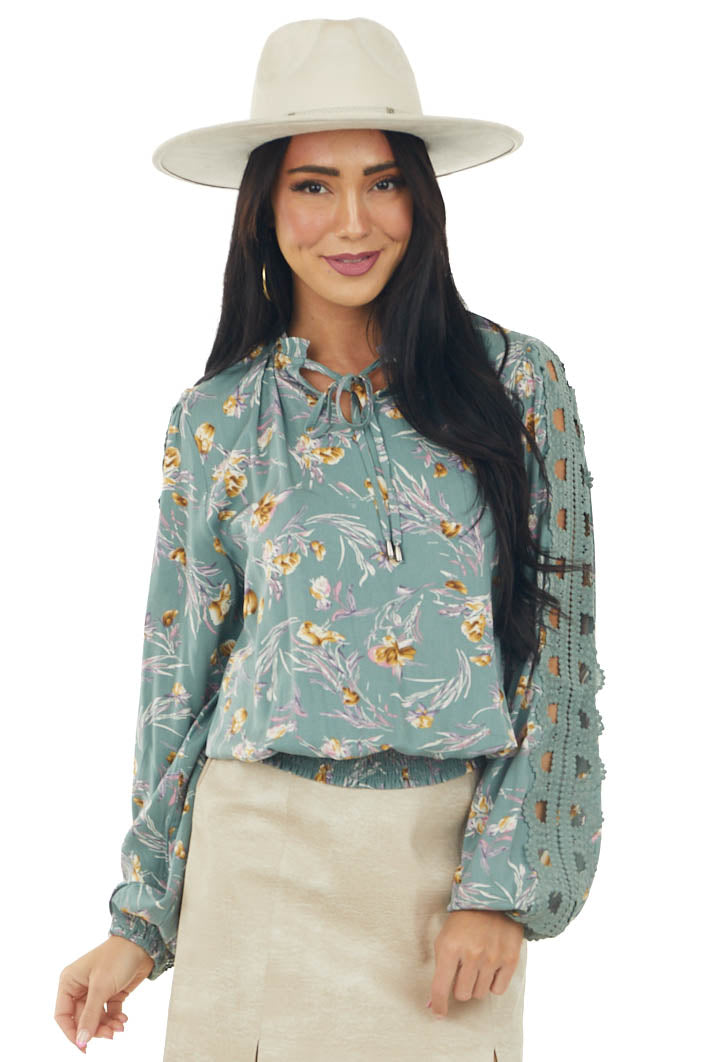 Juniper Floral Lace Cut Out Sleeve Tie Blouse