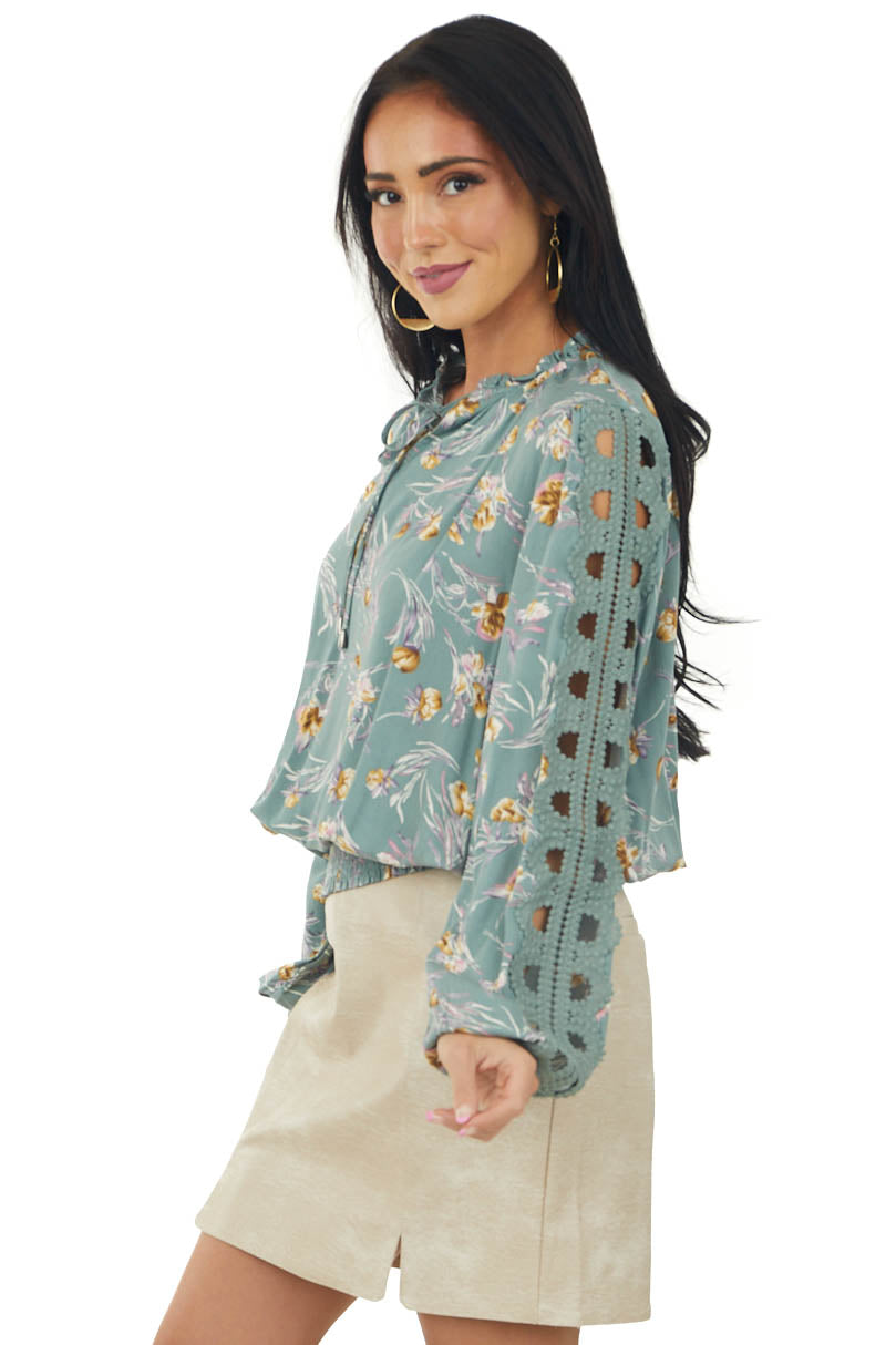 Juniper Floral Lace Cut Out Sleeve Tie Blouse