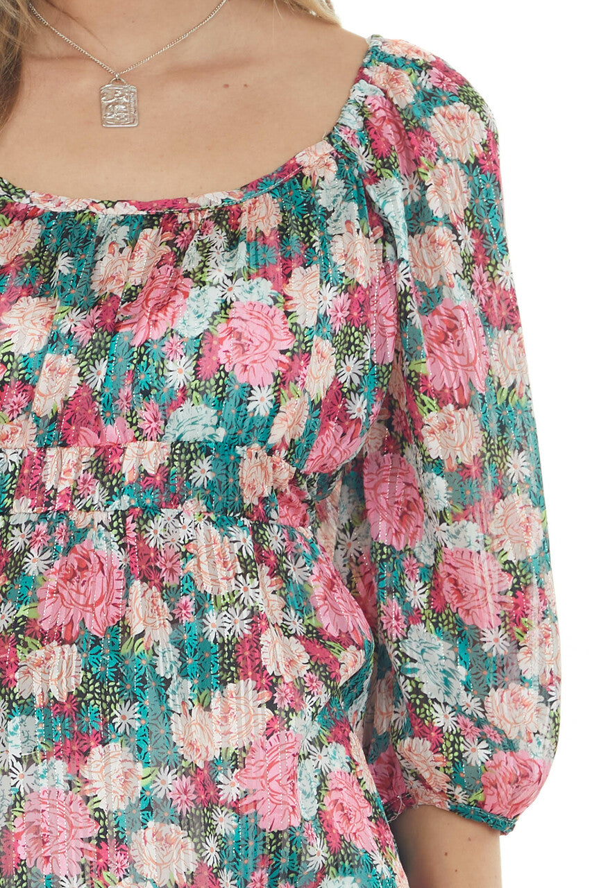 Juniper Floral Print Half Bubble Sleeve Blouse