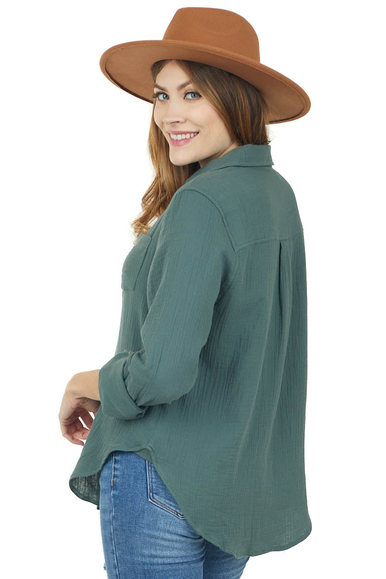 Juniper Long Sleeve Collared Button Up Woven Top