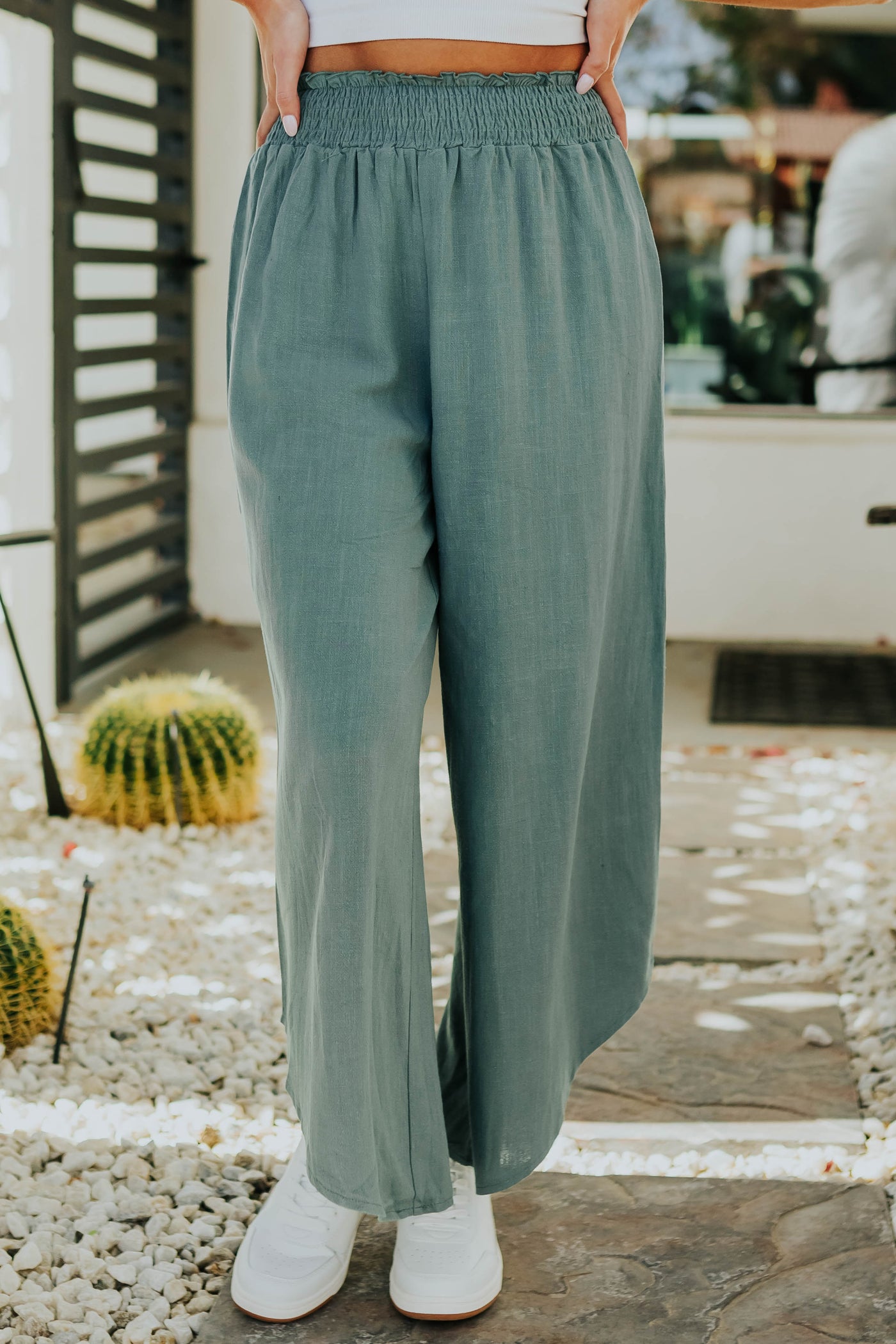 Juniper Smocked Waist Angled Wide Leg Linen Pants