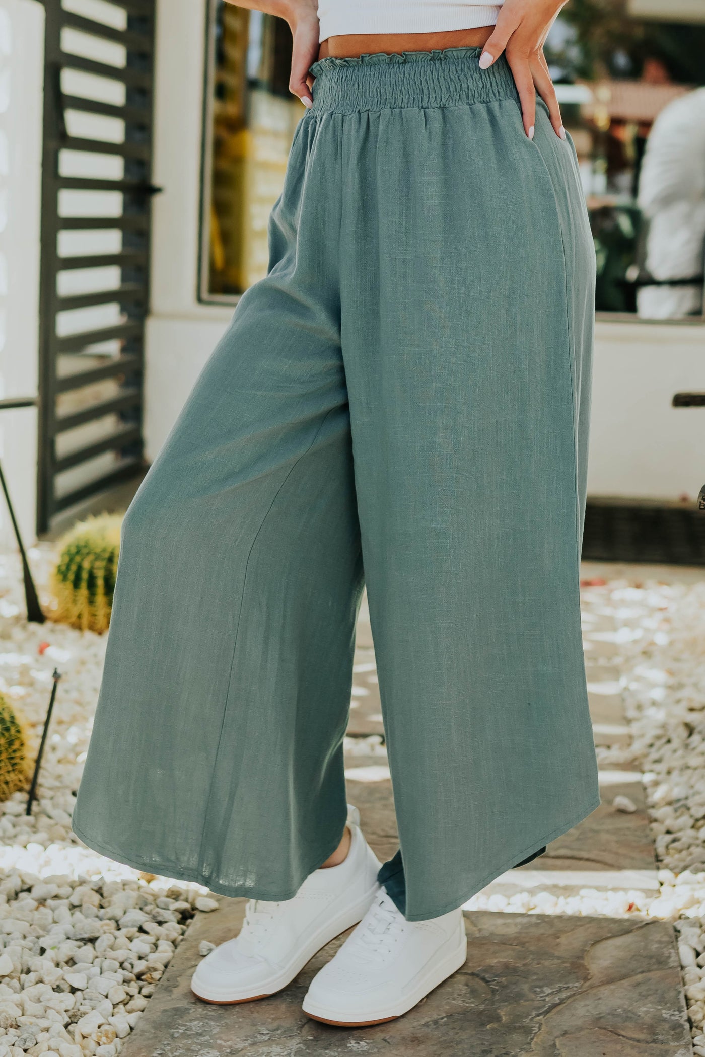Juniper Smocked Waist Angled Wide Leg Linen Pants