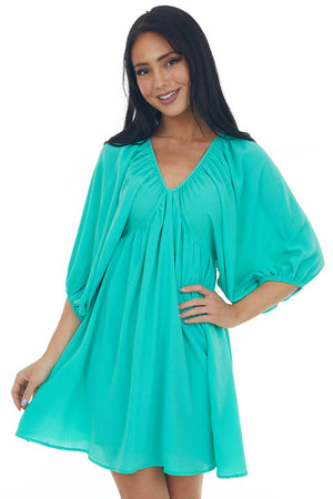 Kelly Green Babydoll Balloon Sleeve Woven Dress