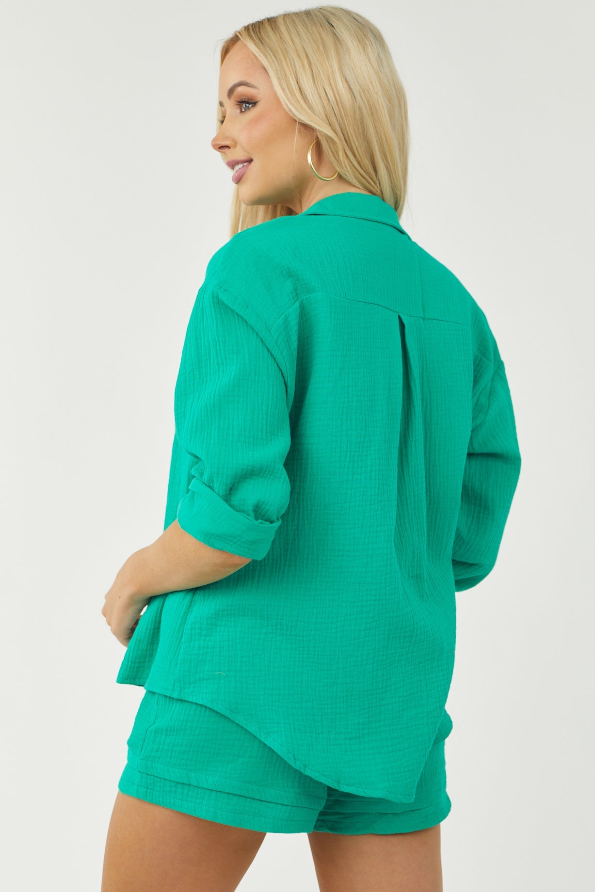 Kelly Green Button Shirt and Drawstring Shorts