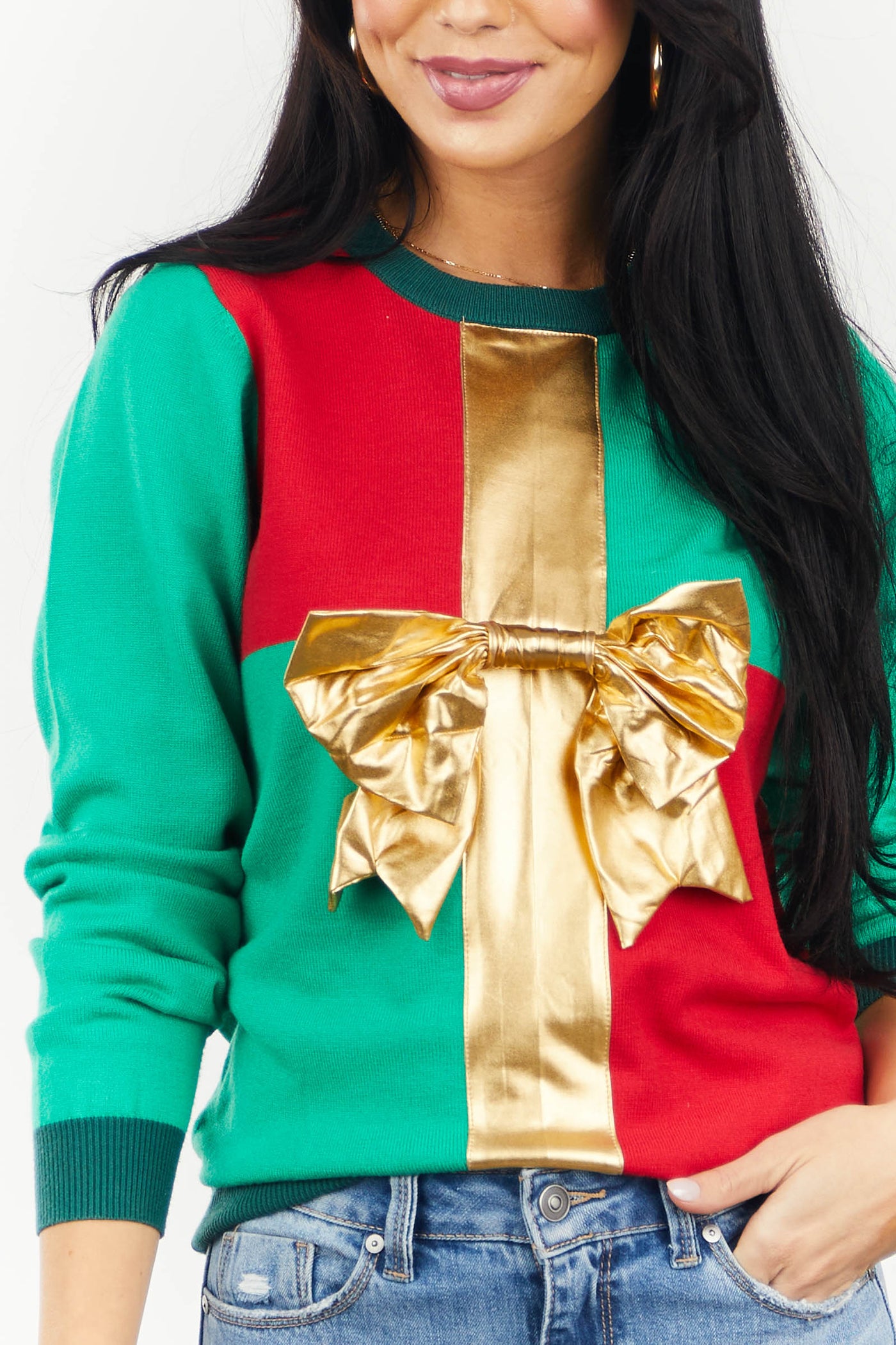 Kelly Green Christmas Sweater with Bow Detail