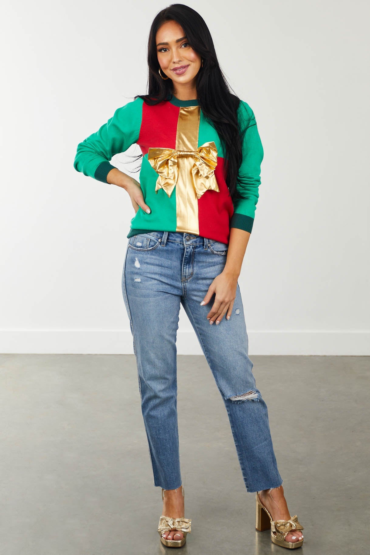 Kelly Green Christmas Sweater with Bow Detail