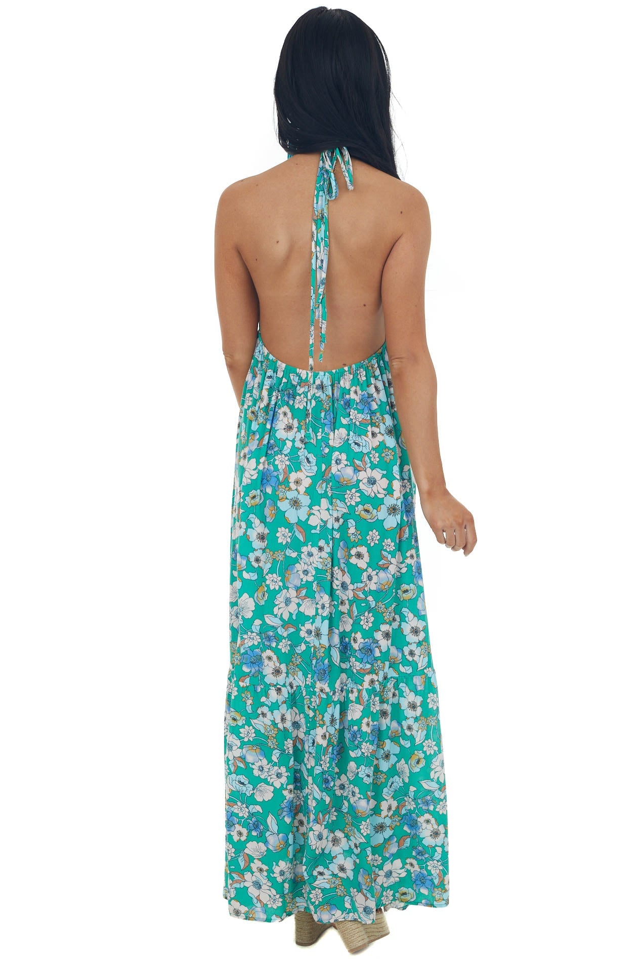 Kelly Green Floral Halter Open Back Maxi Dress