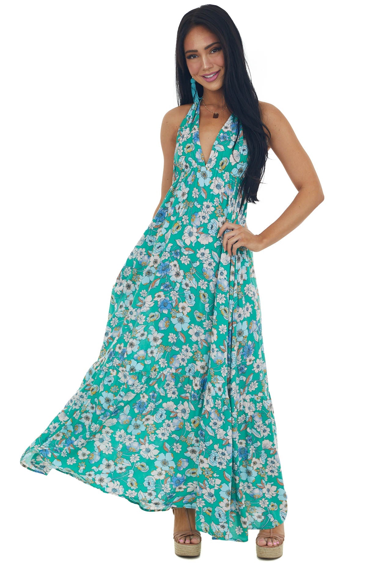 Kelly Green Floral Halter Open Back Maxi Dress