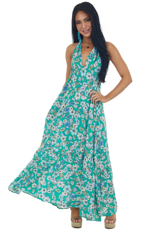 Kelly Green Floral Halter Open Back Maxi Dress
