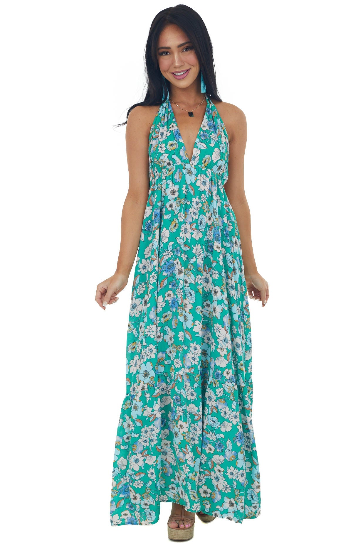 Kelly Green Floral Halter Open Back Maxi Dress