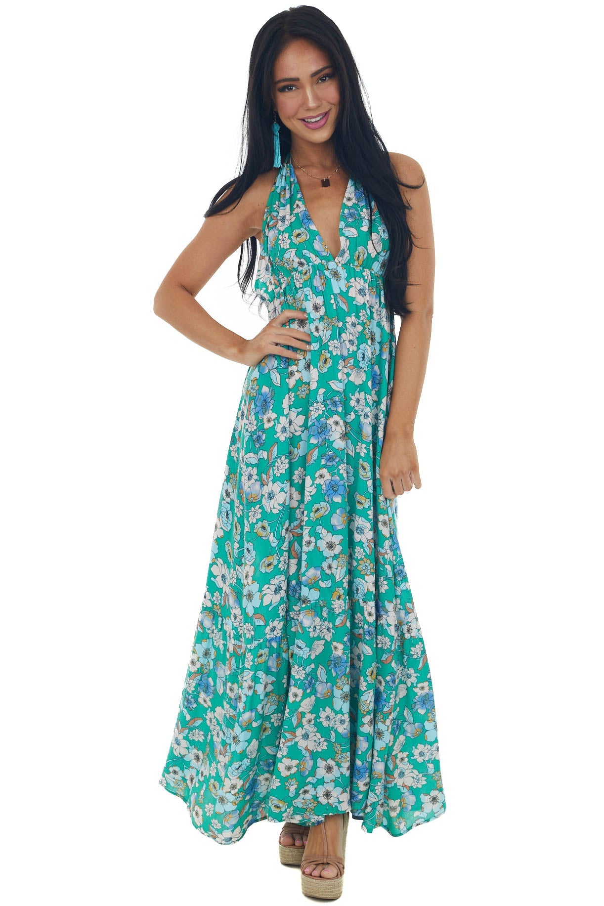 Kelly Green Floral Halter Open Back Maxi Dress