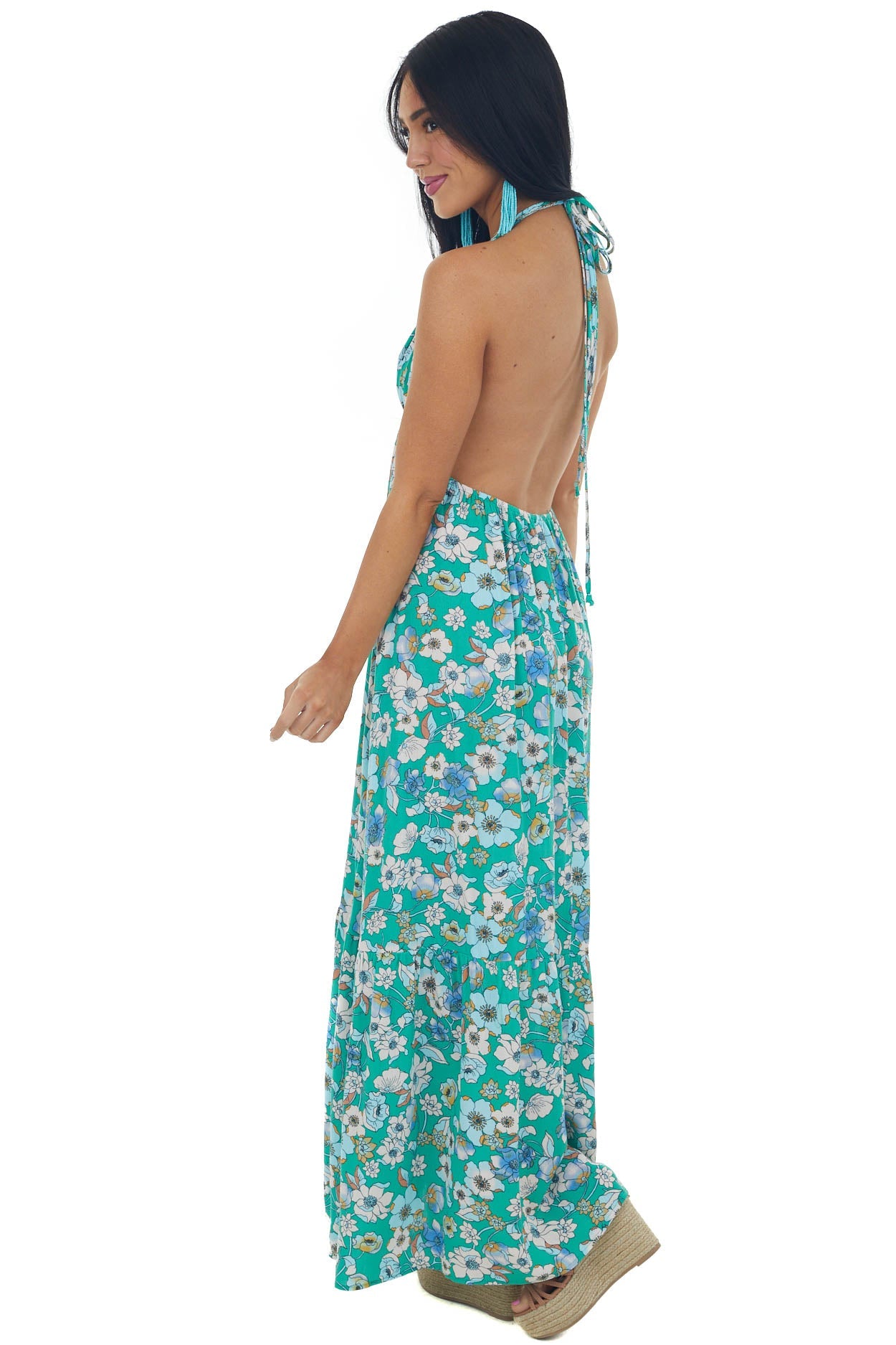 Kelly Green Floral Halter Open Back Maxi Dress