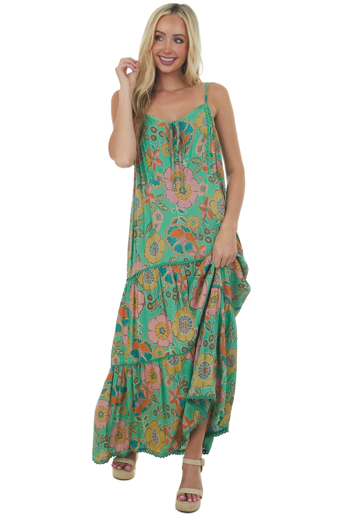 Kelly Green Floral Sleeveless Tiered Maxi Dress
