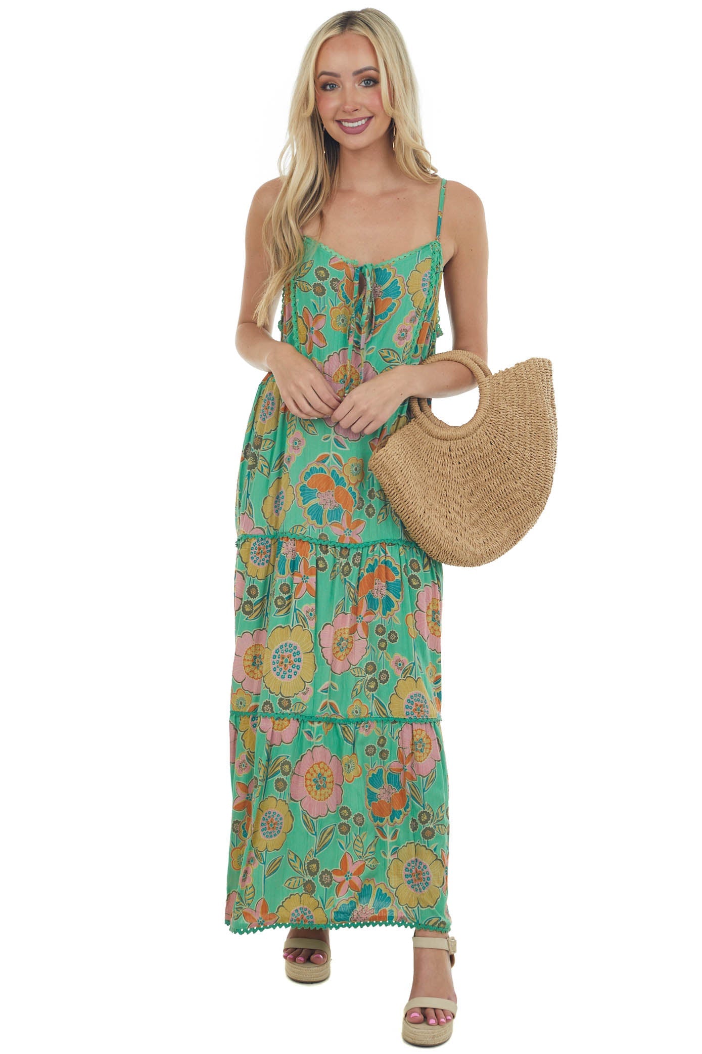 Kelly Green Floral Sleeveless Tiered Maxi Dress