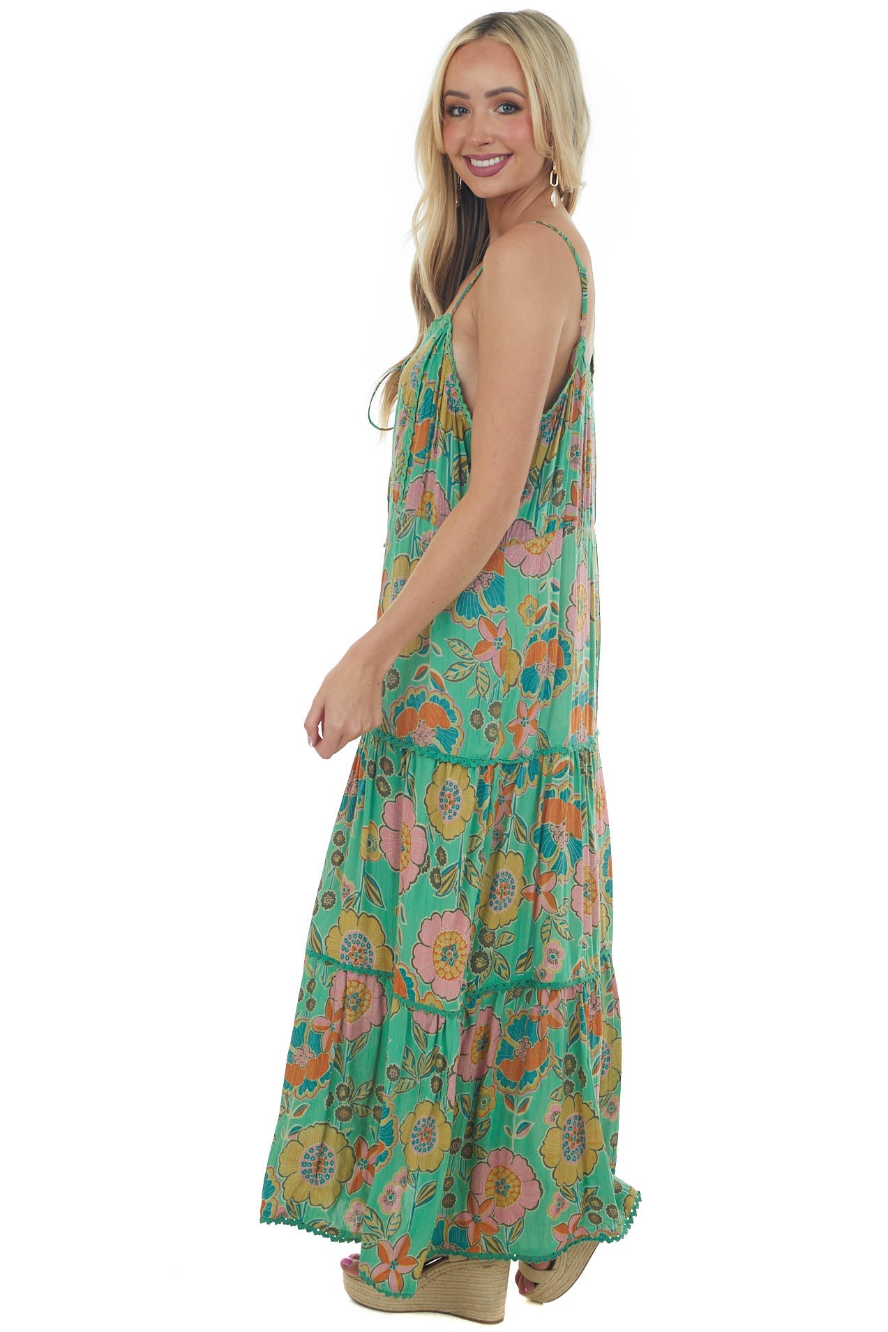 Kelly Green Floral Sleeveless Tiered Maxi Dress