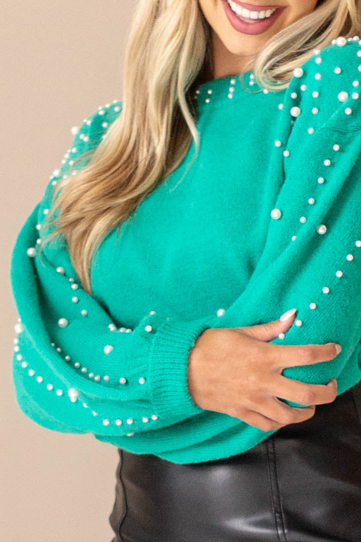Kelly Green Pearl Embellished Bubble Sleeve Sweater