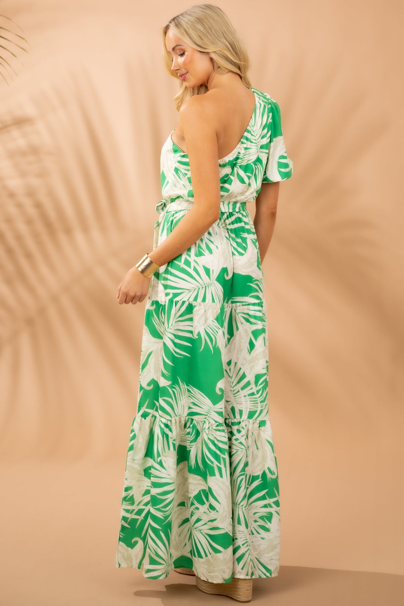 Kelly Green Printed One Shoulder Maxi Dress