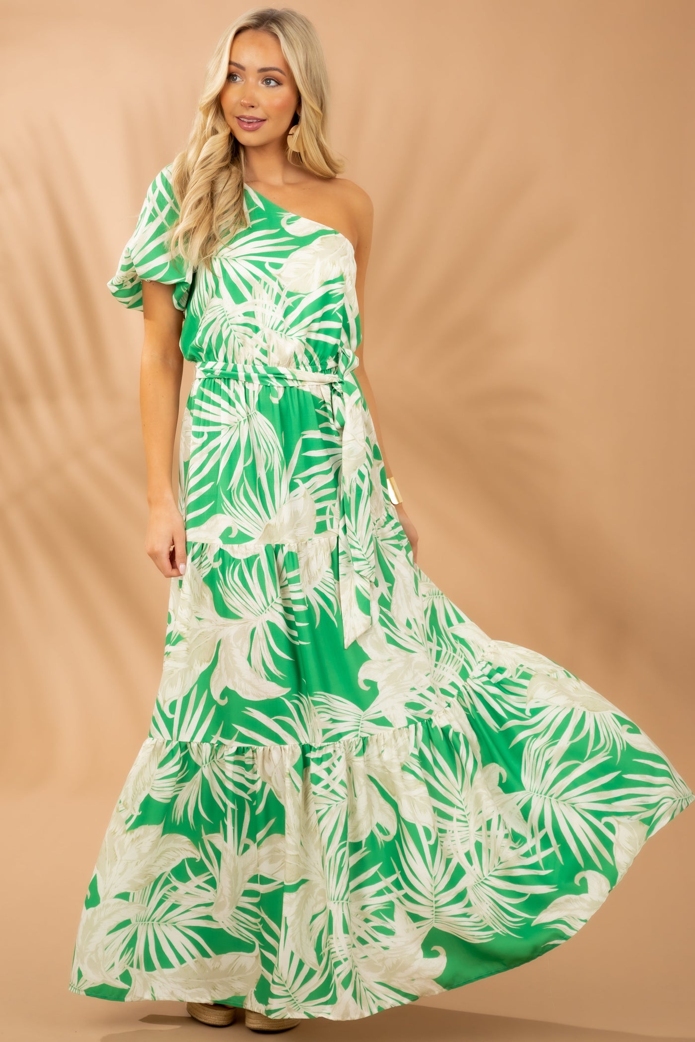 Kelly Green Printed One Shoulder Maxi Dress