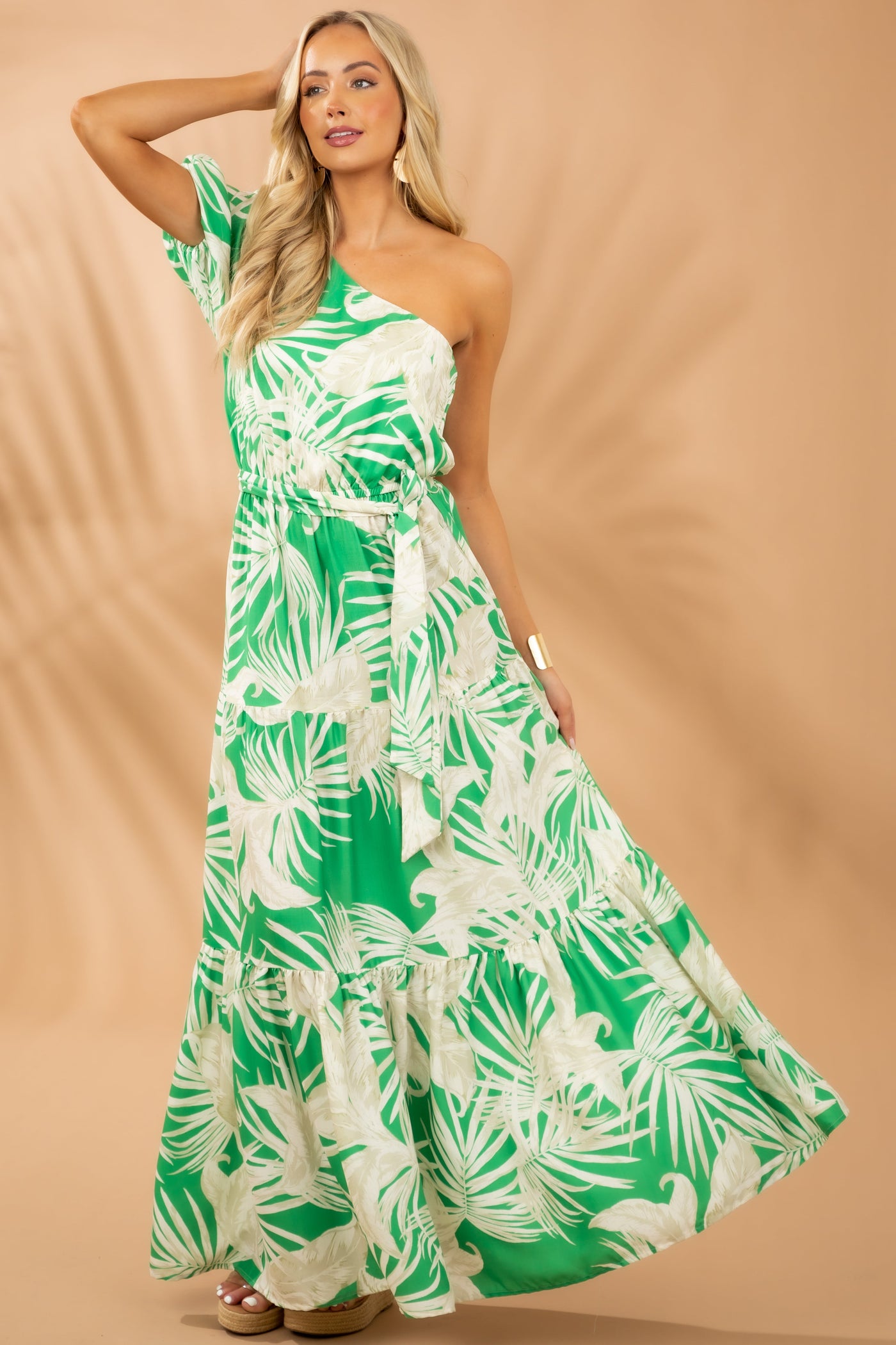 Kelly Green Printed One Shoulder Maxi Dress