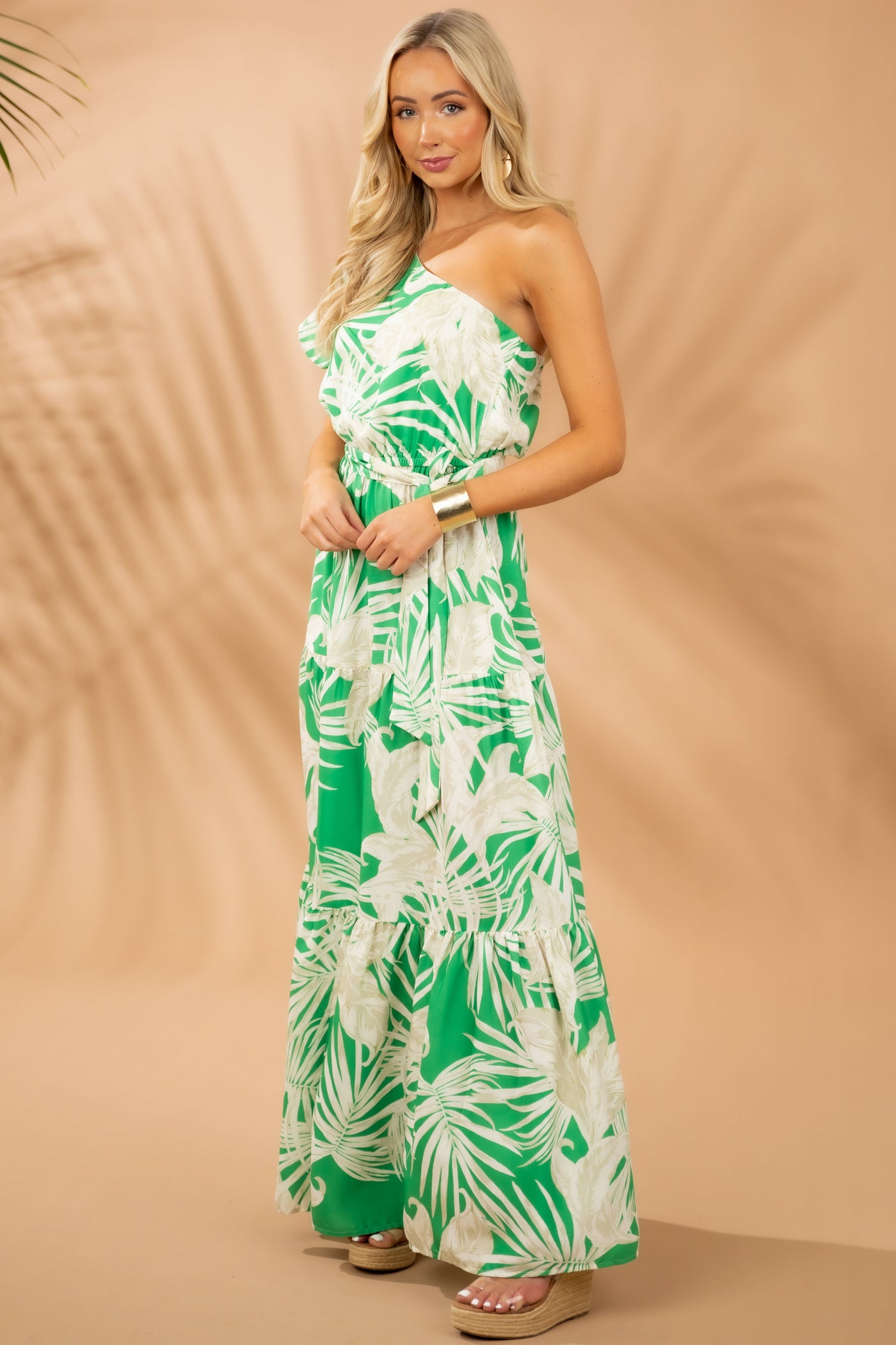 Kelly Green Printed One Shoulder Maxi Dress