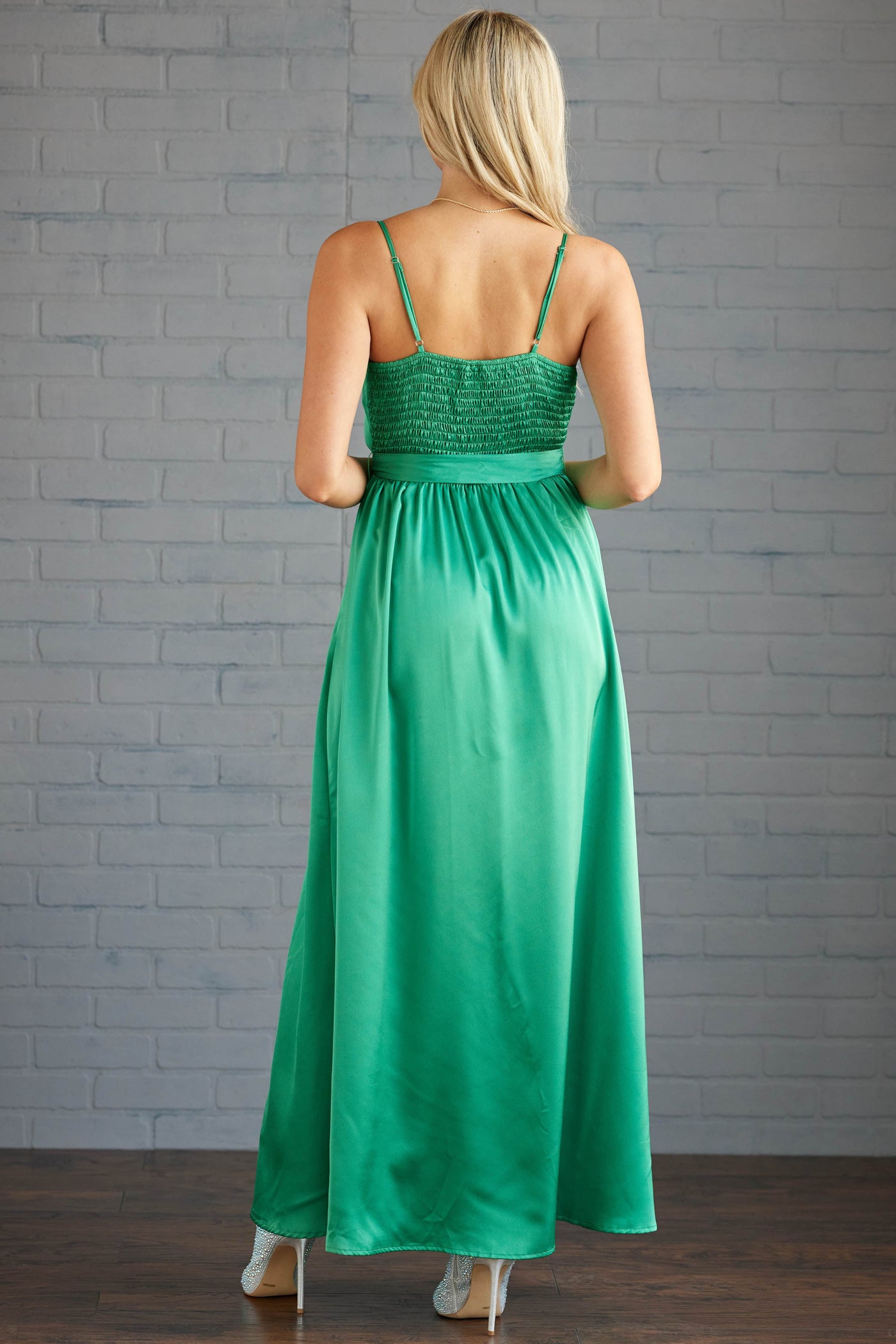 Kelly Green Satin Surplice Side Slit Maxi Dress