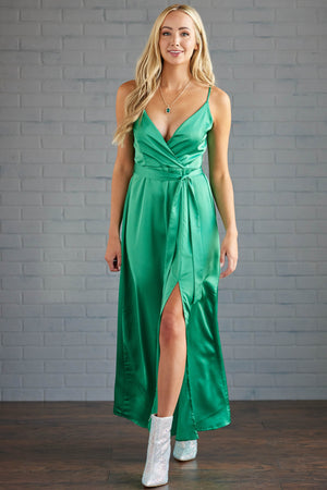 Kelly Green Satin Surplice Side Slit Maxi Dress