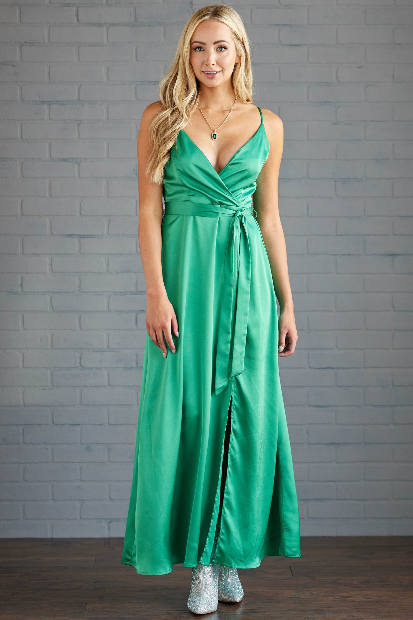 Kelly Green Satin Surplice Side Slit Maxi Dress