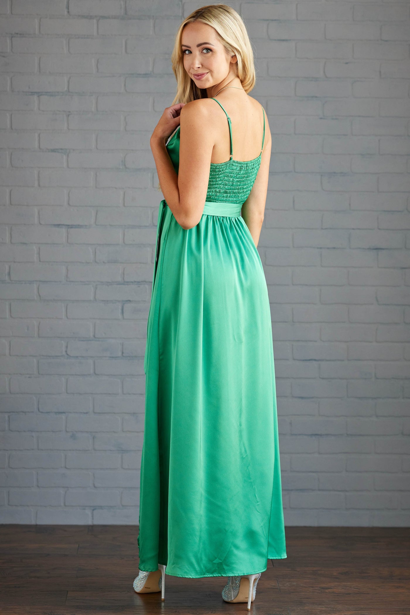 Kelly Green Satin Surplice Side Slit Maxi Dress
