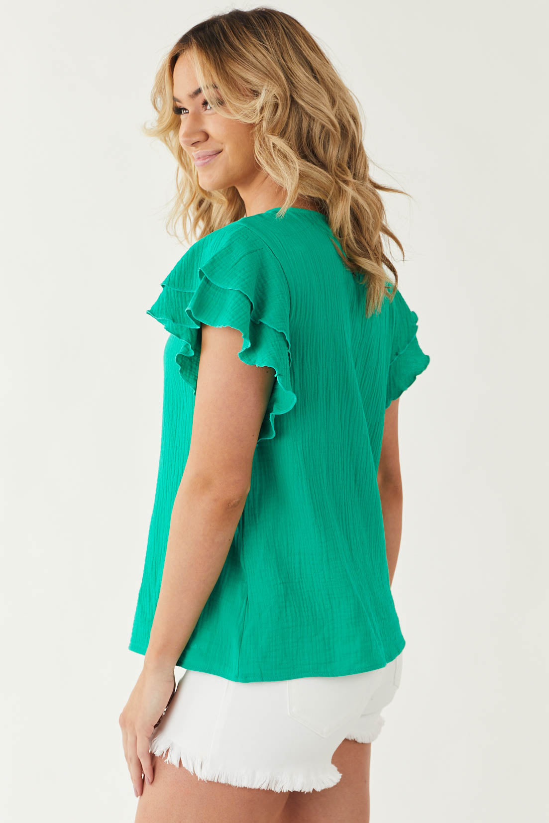 Kelly Green Short Ruffle Sleeve Cotton Top
