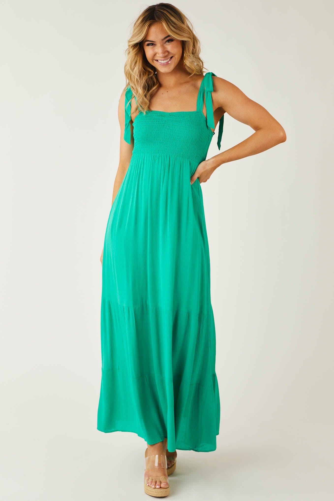 Kelly Green Tie Strap Smocked Ruched Maxi Dress